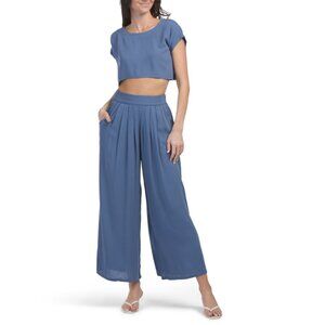 HUNTER & BROWN denim 2pc Gauze Top And Wide Leg Pants Set